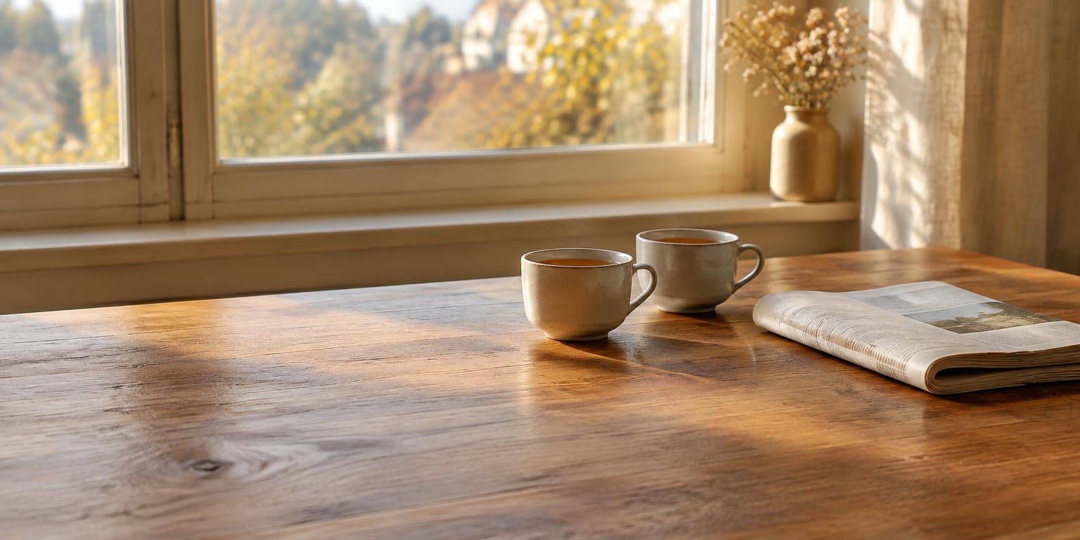 Zwei Tassen Tee und eine Zeitung auf einem Holztisch am Fenster